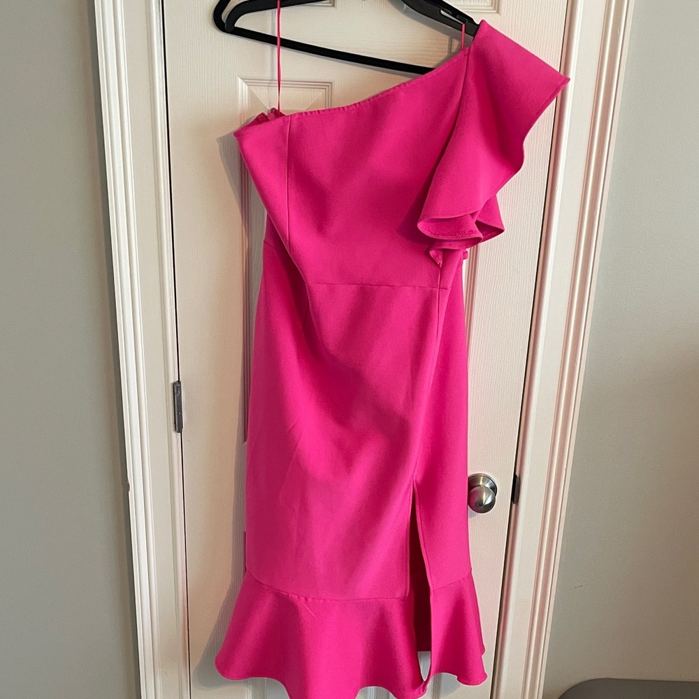 Fashion Nova One-Shoulder Ruffle Midi Dress in Hot Pink